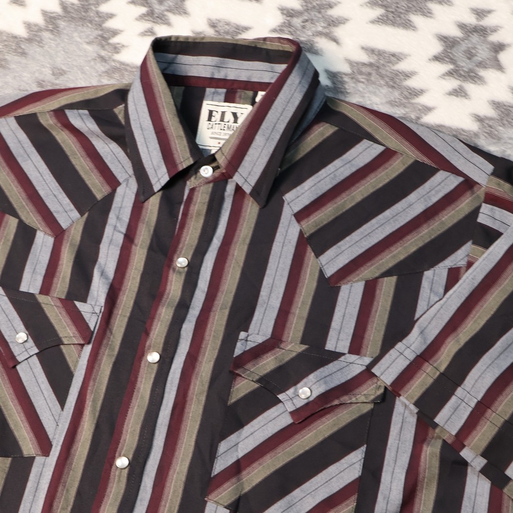 Ely Cattleman Mens Tall Large Striped Western Pearl Snap Shirt Burgundy Grey